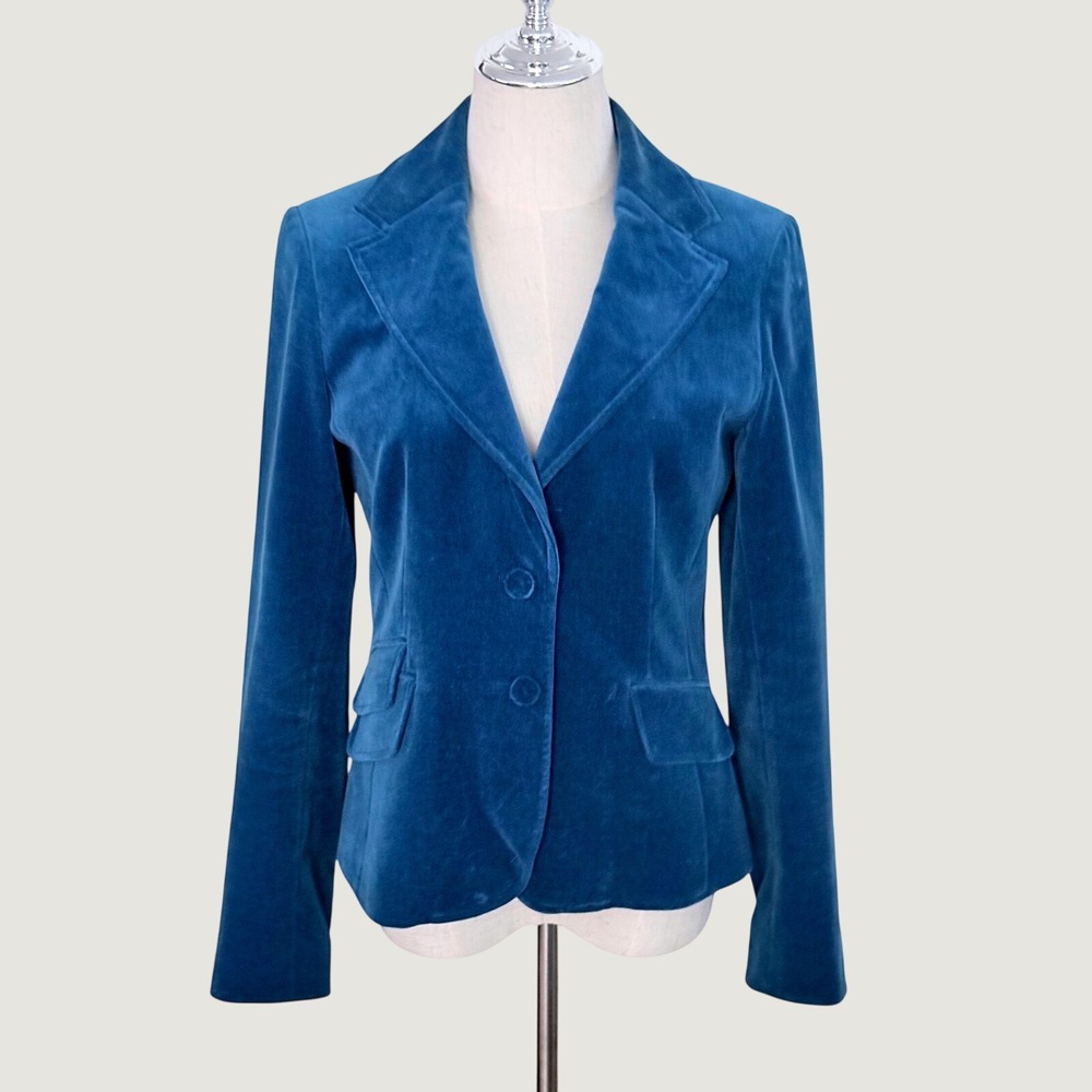 VTG Ann Taylor Plush Marine Blue Velvet Blazer Floral Silk sleeve lining Sz 2